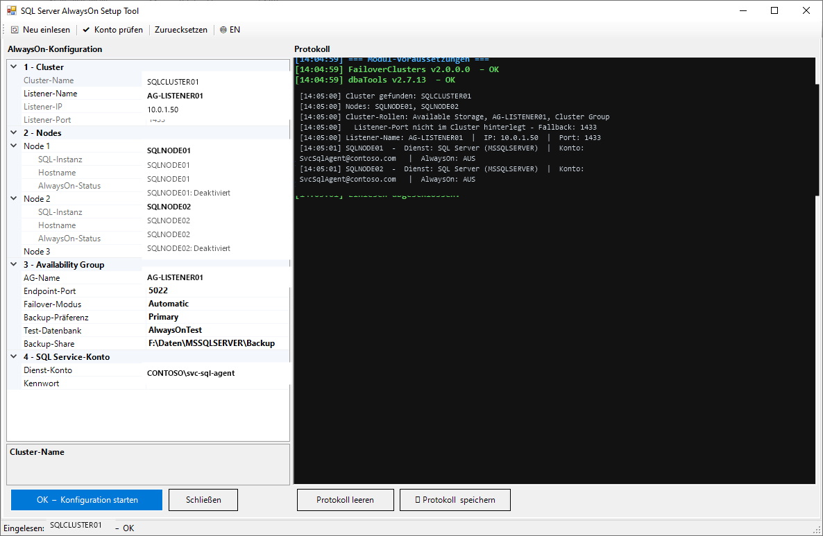 AlwaysOnSetup PropertyGrid on the left with cluster, node, availability group, and service account fields read in automatically — sample values shown — and the live log on the right showing module checks and cluster/SQL information being read in