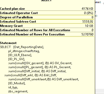 SSMS execution plan SELECT operator tooltip showing Degree of Parallelism 8 for the aggregation query on a Developer/Enterprise Edition instance