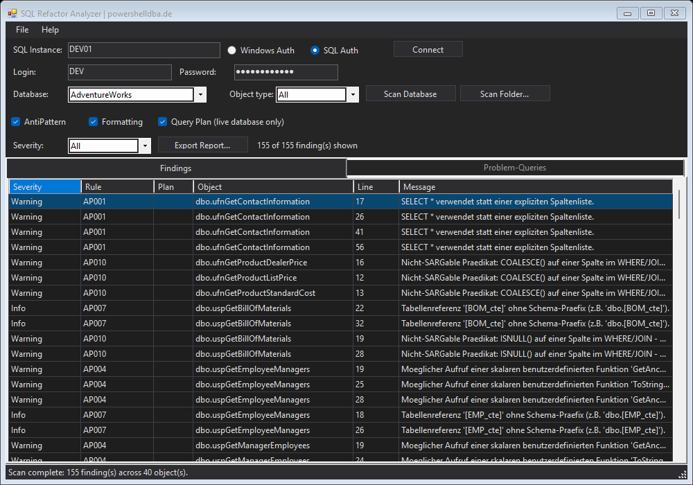 SQL Refactor Analyzer main window connected to the AdventureWorks sample database: the Findings grid lists warnings by rule — SELECT * (AP001), non-SARGable predicates (AP010), scalar UDF in predicate (AP004), missing schema prefix (AP007) — across sample stored procedures and functions, with a Plan column, a severity filter, and a Problem-Queries tab, showing 155 findings across 40 objects