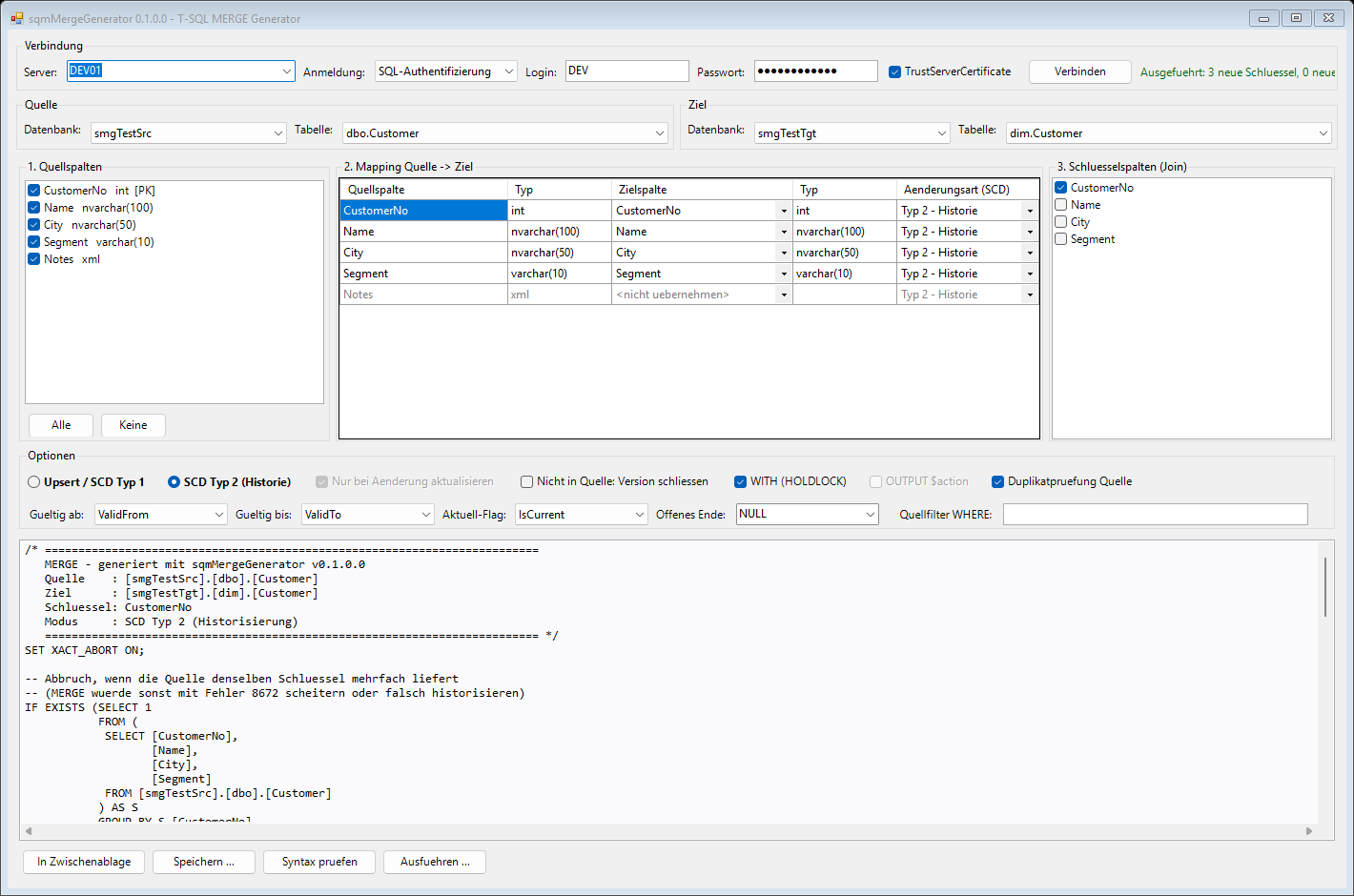 sqmMergeGenerator window connected to a lab SQL Server: source table dbo.Customer in database smgTestSrc, target table dim.Customer in smgTestTgt. The three columns show the ticked source columns, the mapping grid with source column, type, target column, type and change type, and CustomerNo ticked as the join key. The options row has SCD type 2 selected with ValidFrom, ValidTo and IsCurrent detected automatically, and the generated statement starts below with the header comment and the duplicate key check.