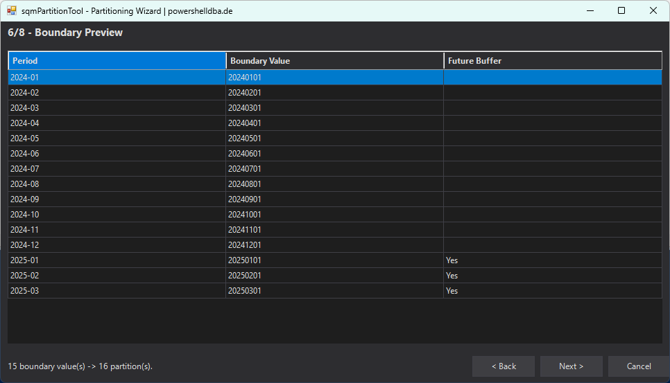 sqmPartitionTool partitioning wizard — step 6/8 boundary preview with 15 boundary values and 16 partitions, three of them marked as future buffer