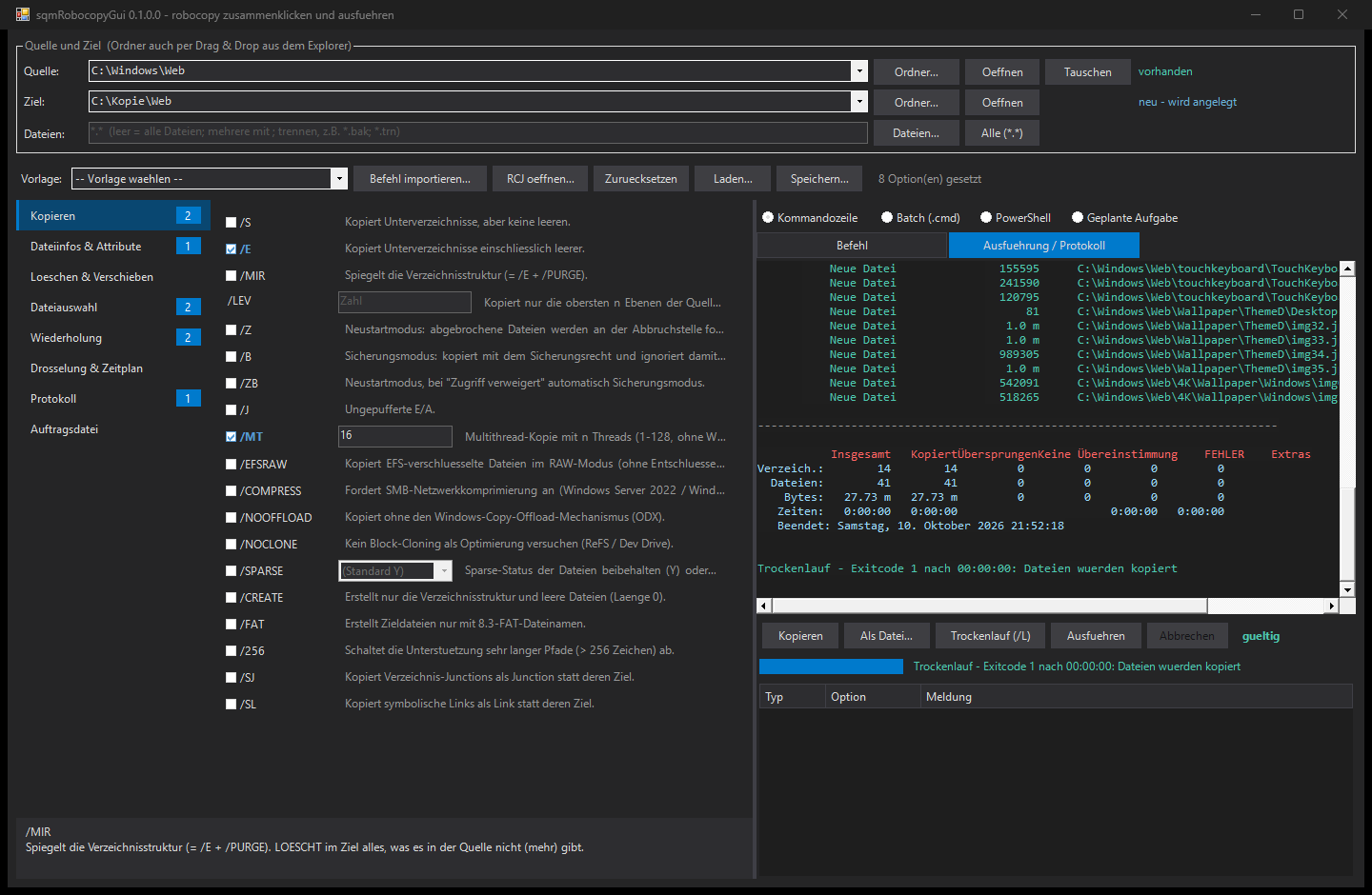 sqmRobocopyGui in the dark Visual Studio theme. Top: source C:\Windows\Web marked as existing, target C:\Kopie\Web marked as will be created. Left: category list with badges, the Copy category with /E and /MT:16 set and a short help text in every row. Right: the execution log of a dry run with new files in green, the summary table and the result line exit code 1, files would be copied.